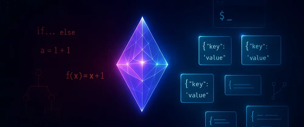 Glowing geometric rules transforming into structured JSON objects