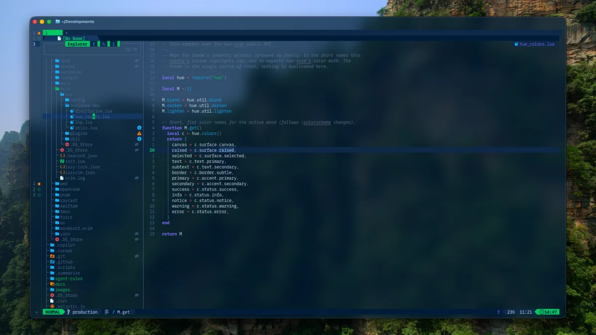 Neovim open beside terminal tools in the dotfiles desktop setup