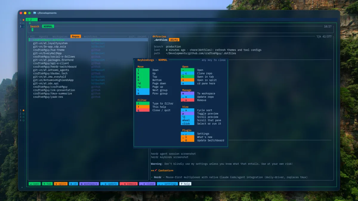 Herdr agent workspace managed as part of the dotfiles setup