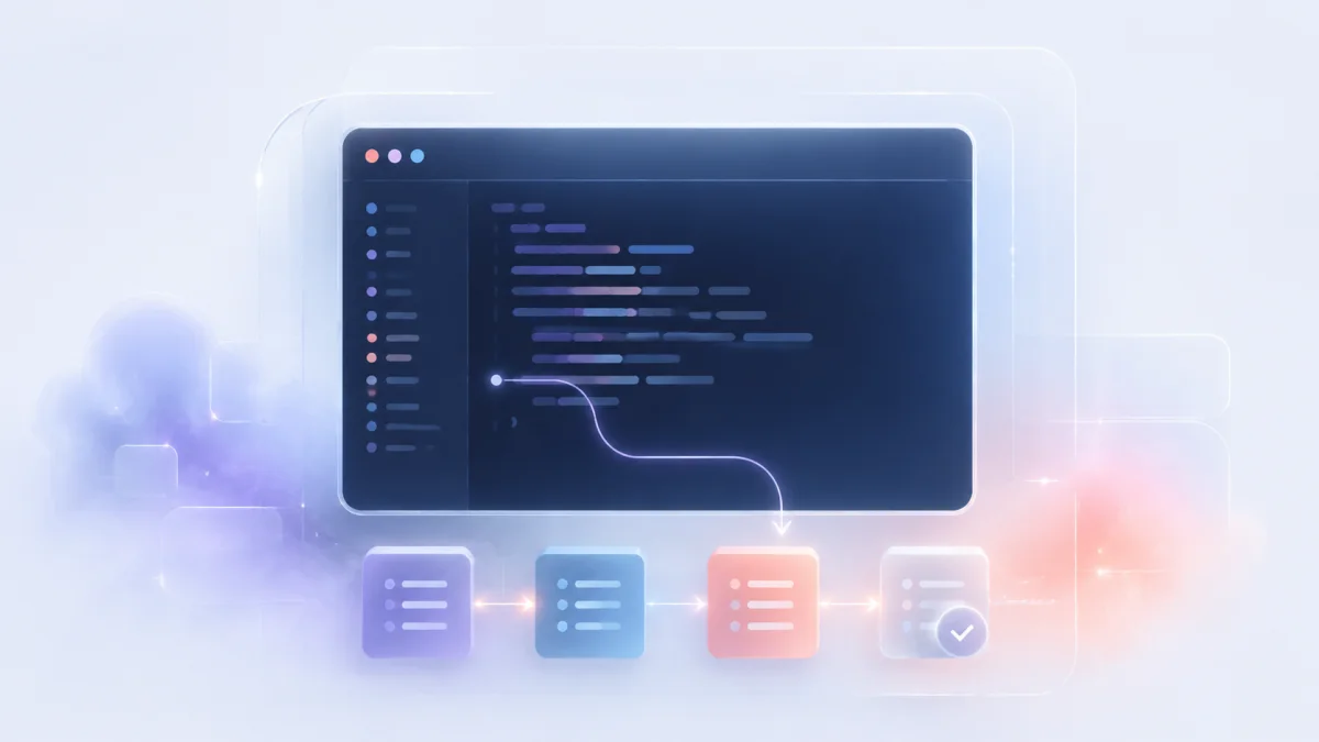 A calm editor window resolving commands into a clear workflow