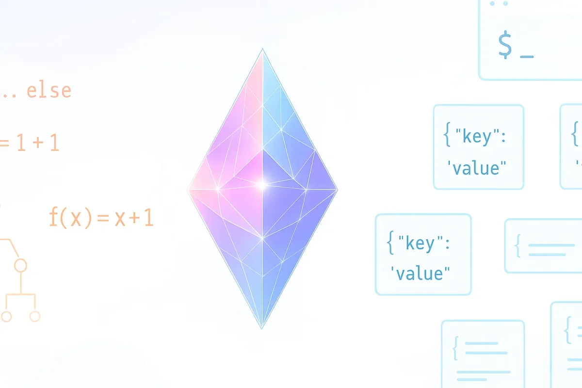 Geometric rule structure surrounded by JSON objects and code