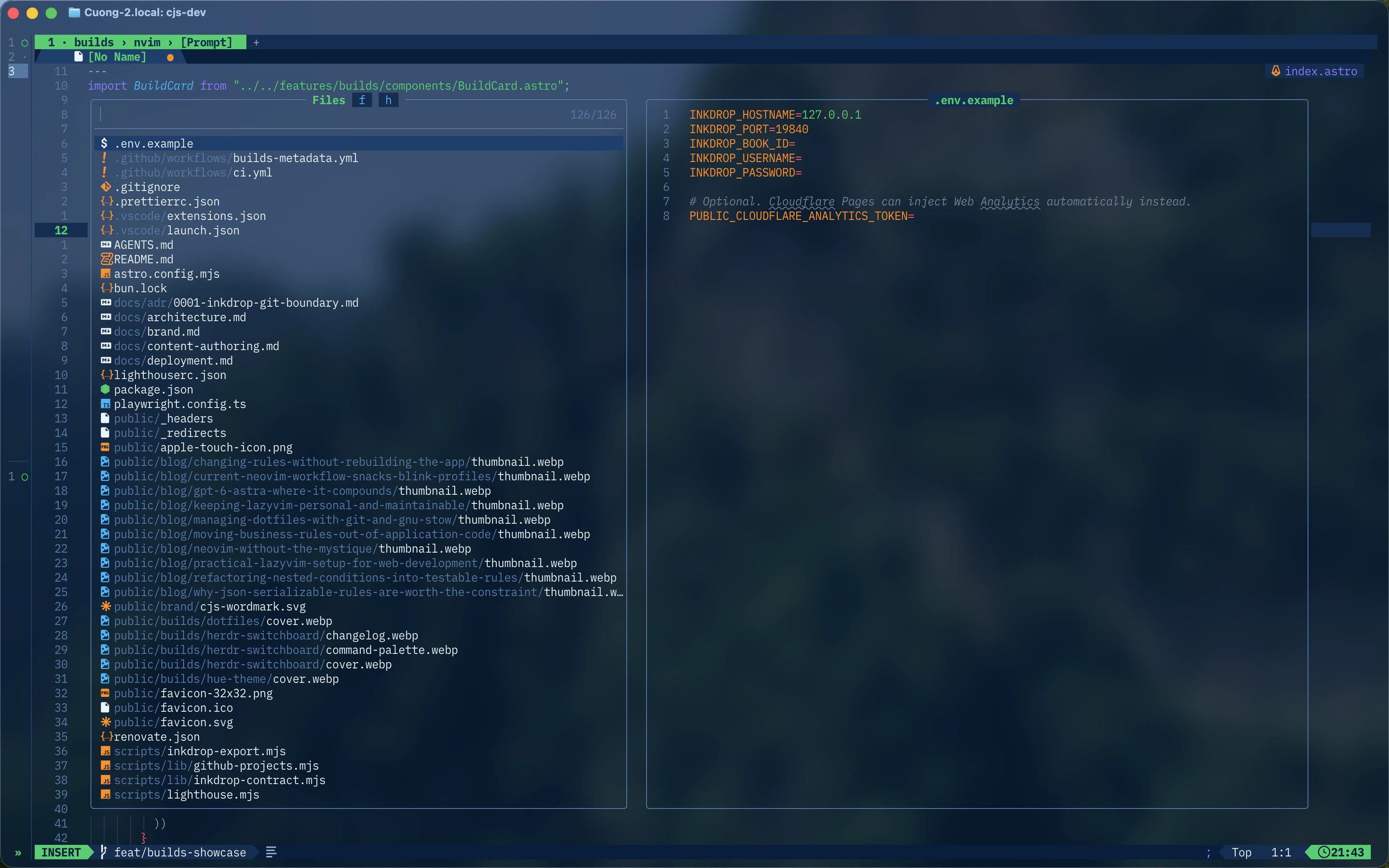 Neovim file picker previewing the environment example file in the dotfiles workspace