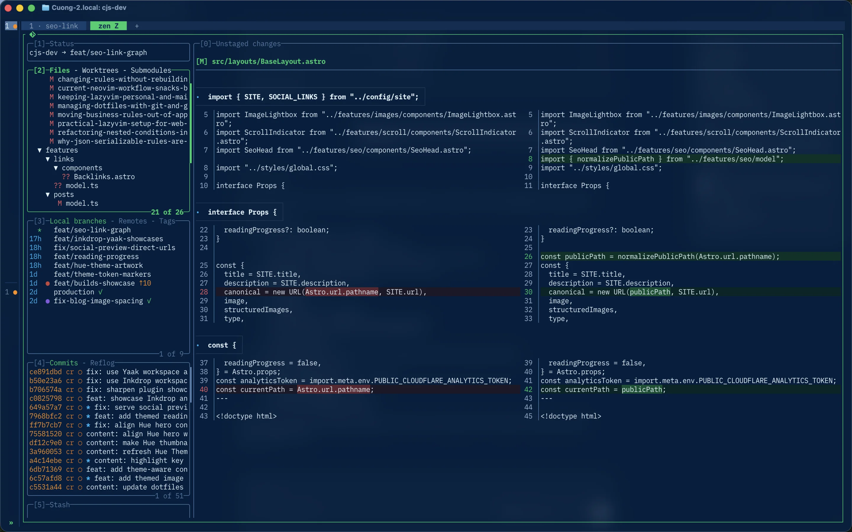 Terminal Git review showing the SEO link graph branch, changed files, branches, commits, and a code diff