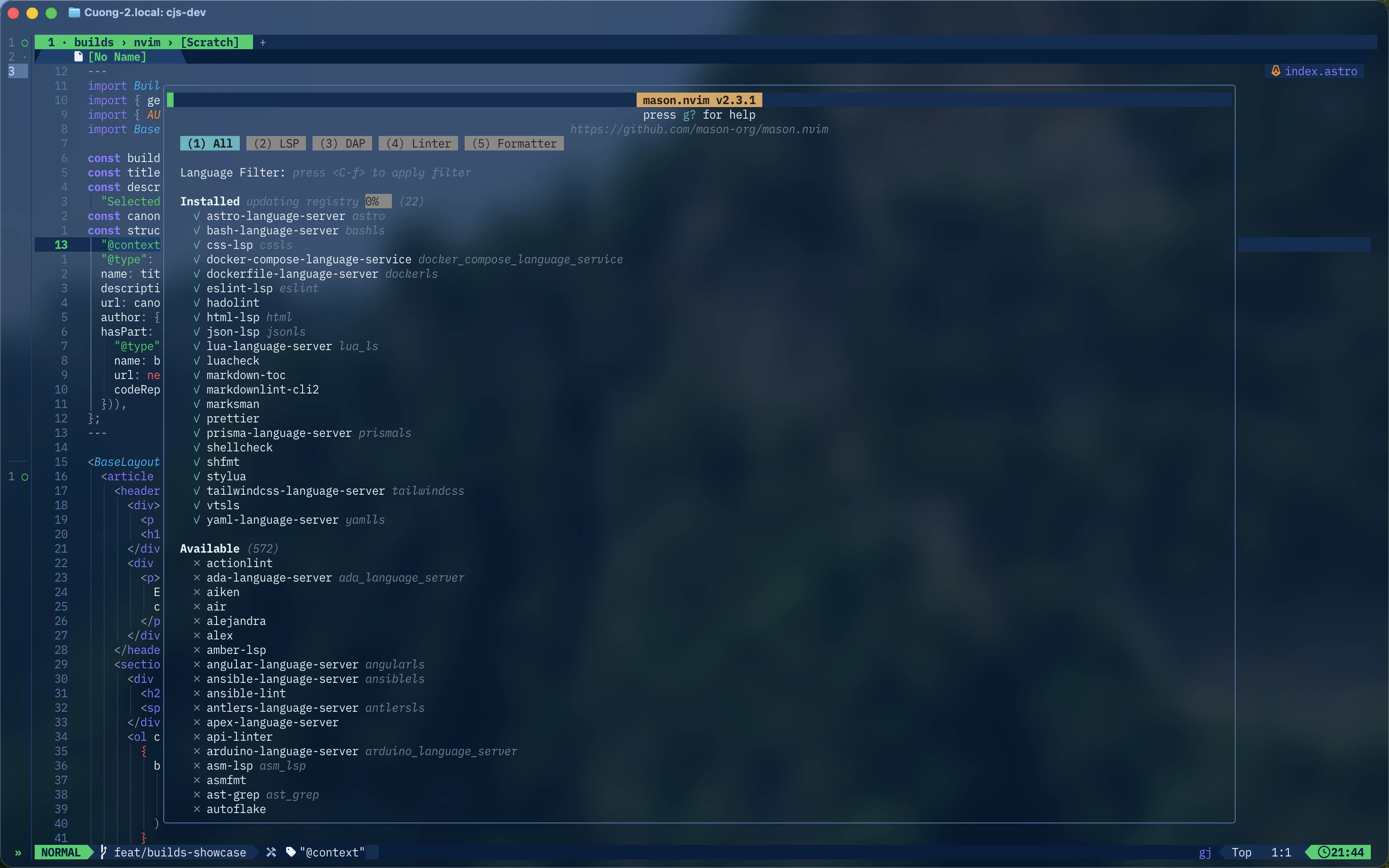 Mason package manager listing installed language tools in Neovim