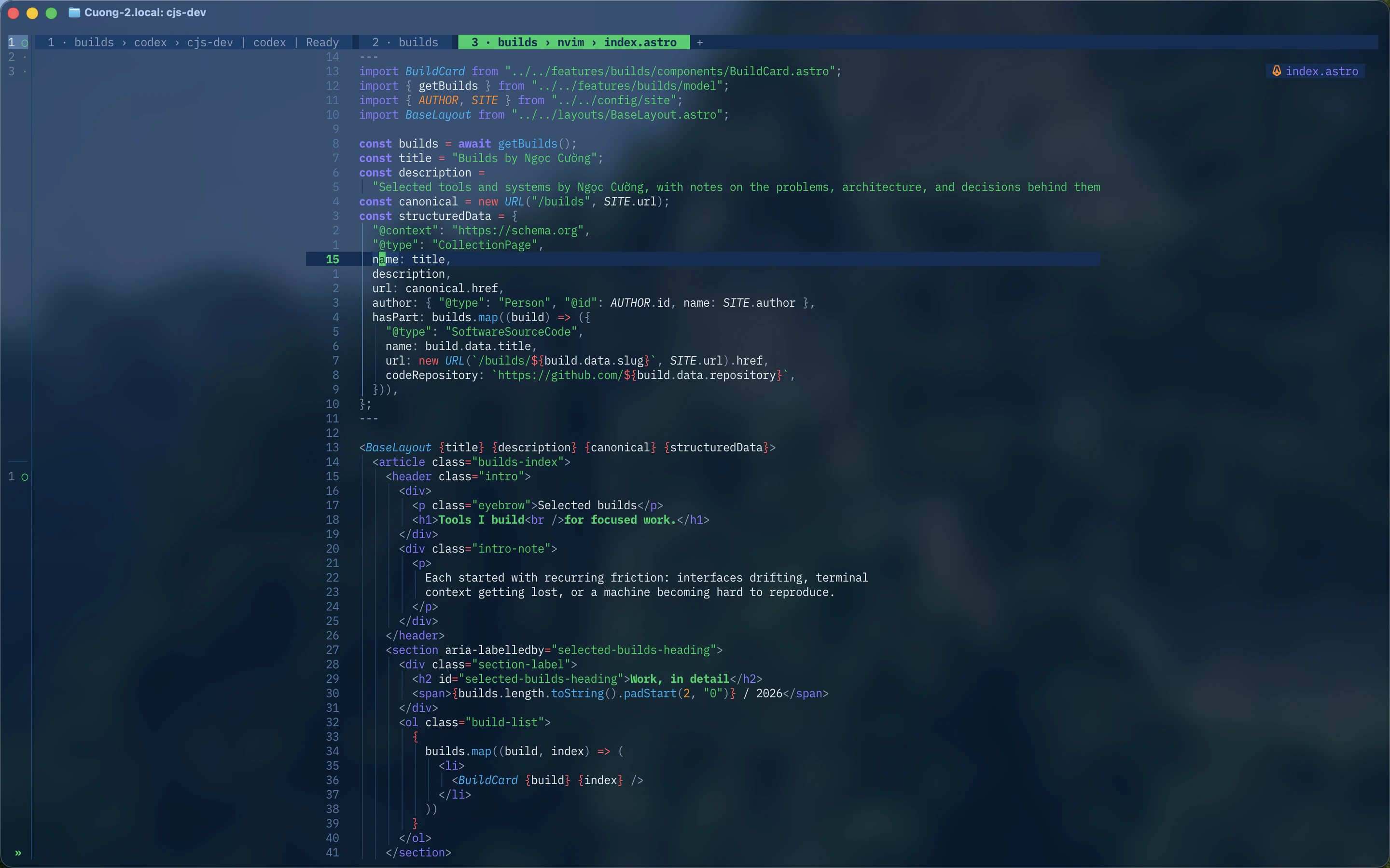 Neovim Zen mode centering the Builds page source in a focused editor view
