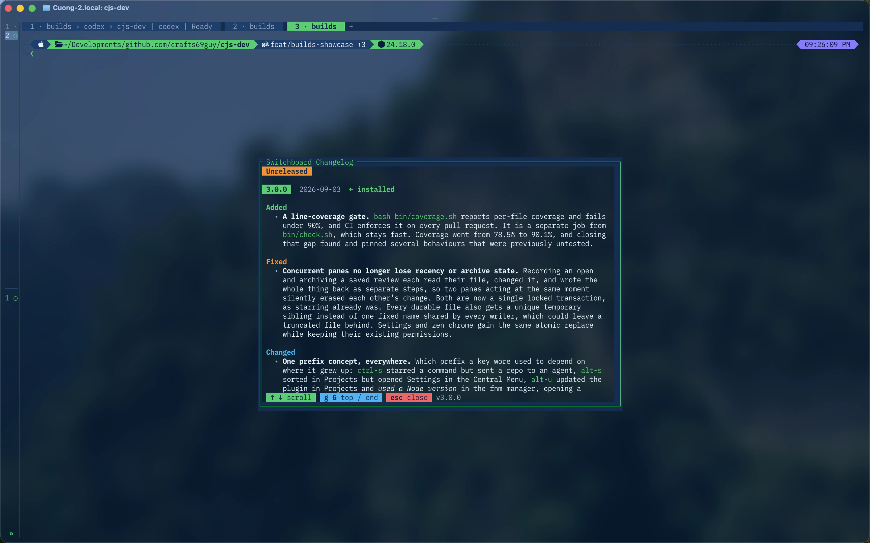 Herdr Switchboard changelog for version 3.0.0 in a focused terminal pane