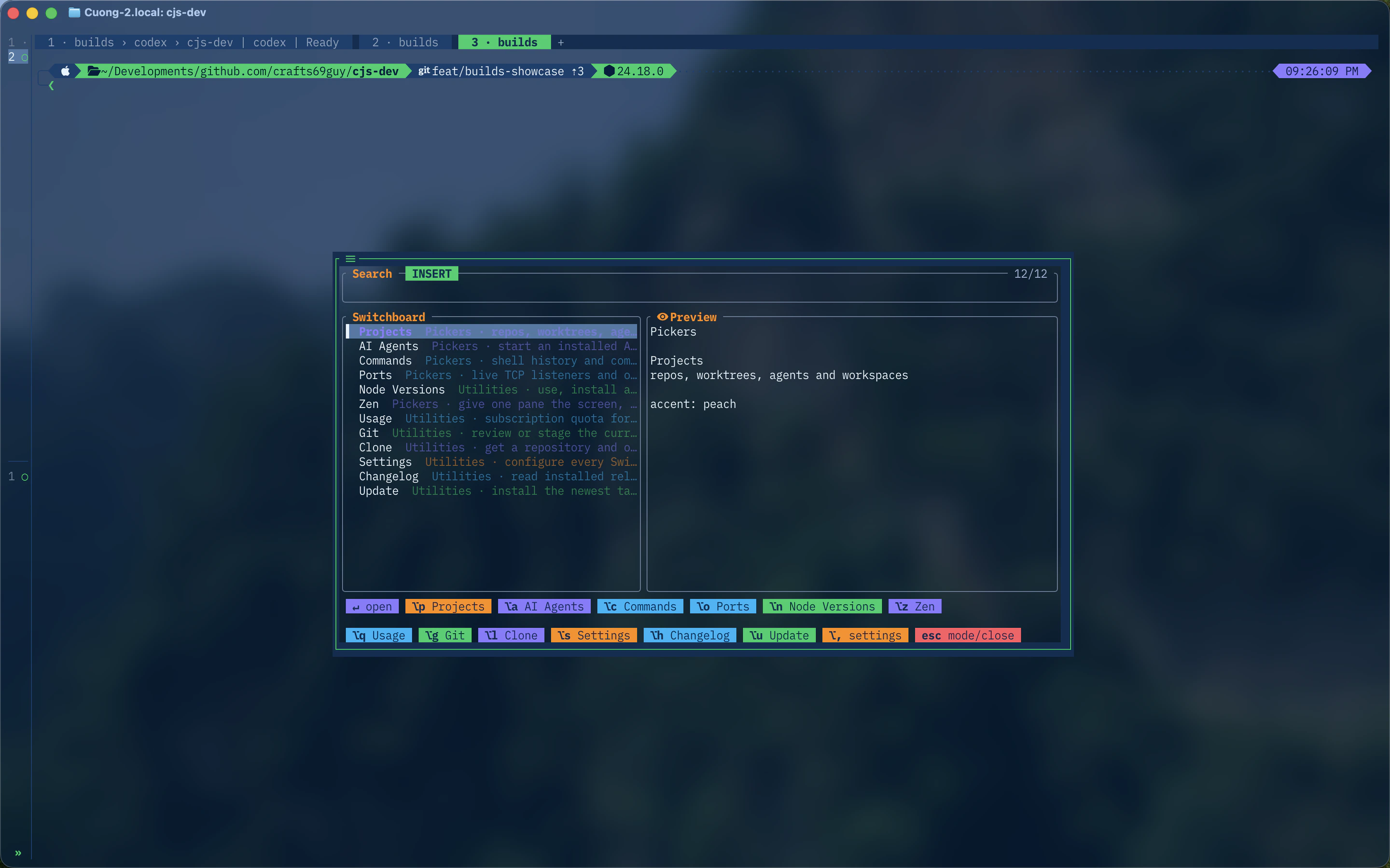 Herdr Switchboard command palette listing project and utility pickers
