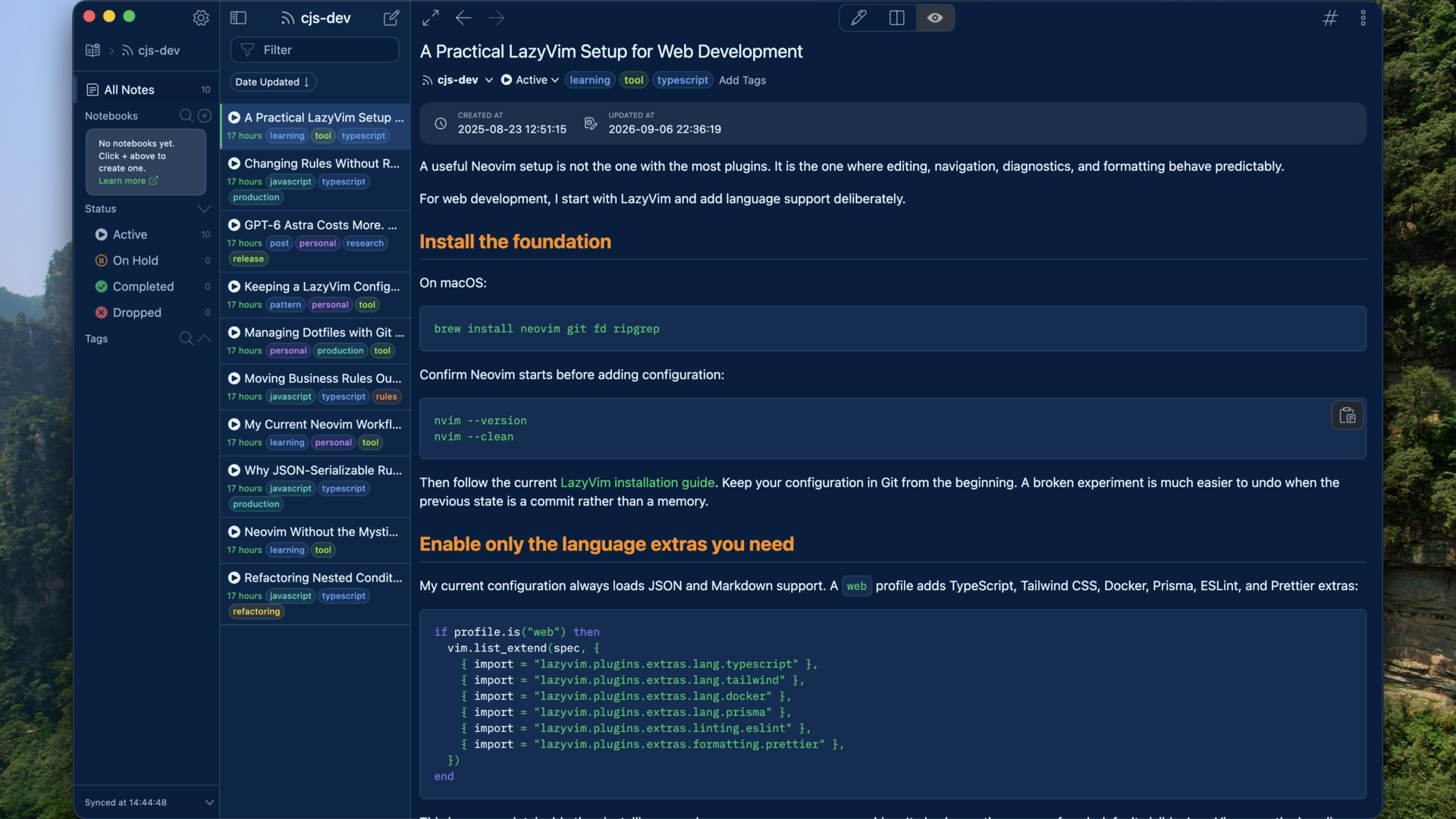 Inkdrop running the Huế Mưa theme with a rendered technical note and syntax-highlighted code
