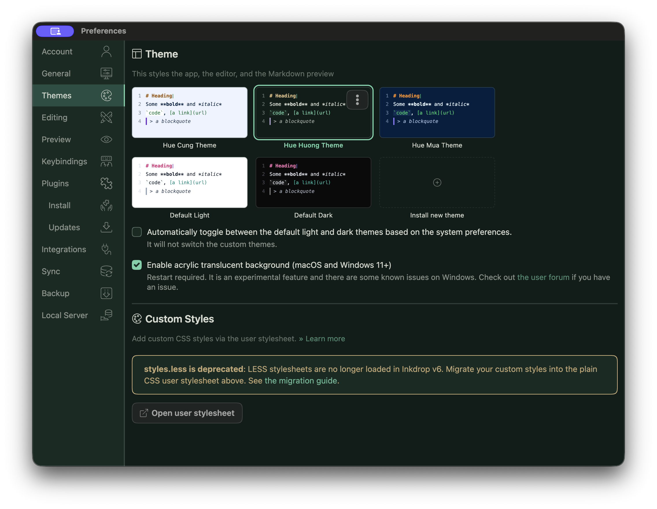 Inkdrop theme settings rendered with the dark Huế Hương theme selected