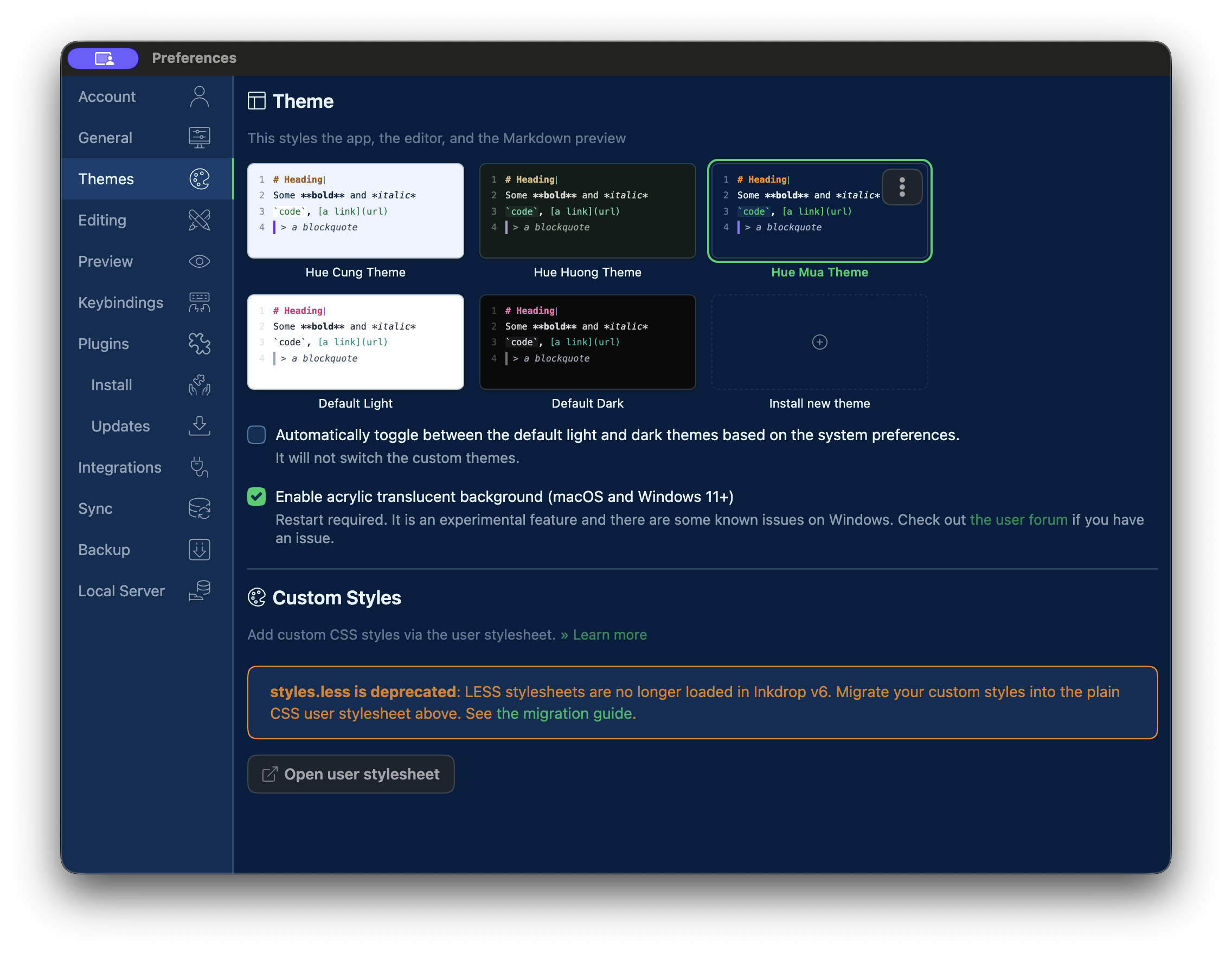 Inkdrop theme settings rendered with the dark Huế Mưa theme selected