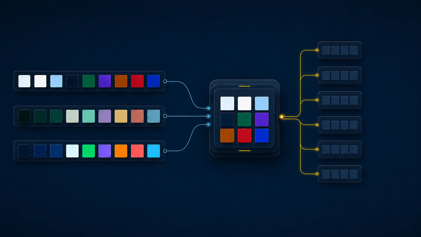 Three Hue Theme palettes flowing through a semantic token contract into generated adapters