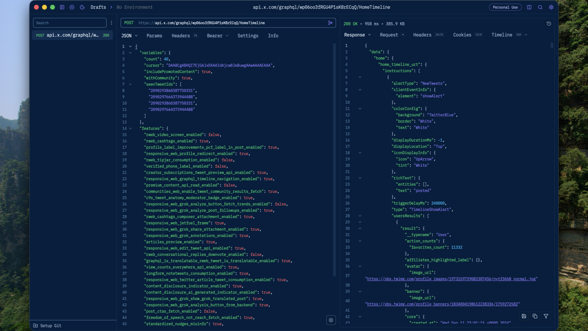 Yaak running the Huế Mưa theme with a GraphQL request and JSON response side by side