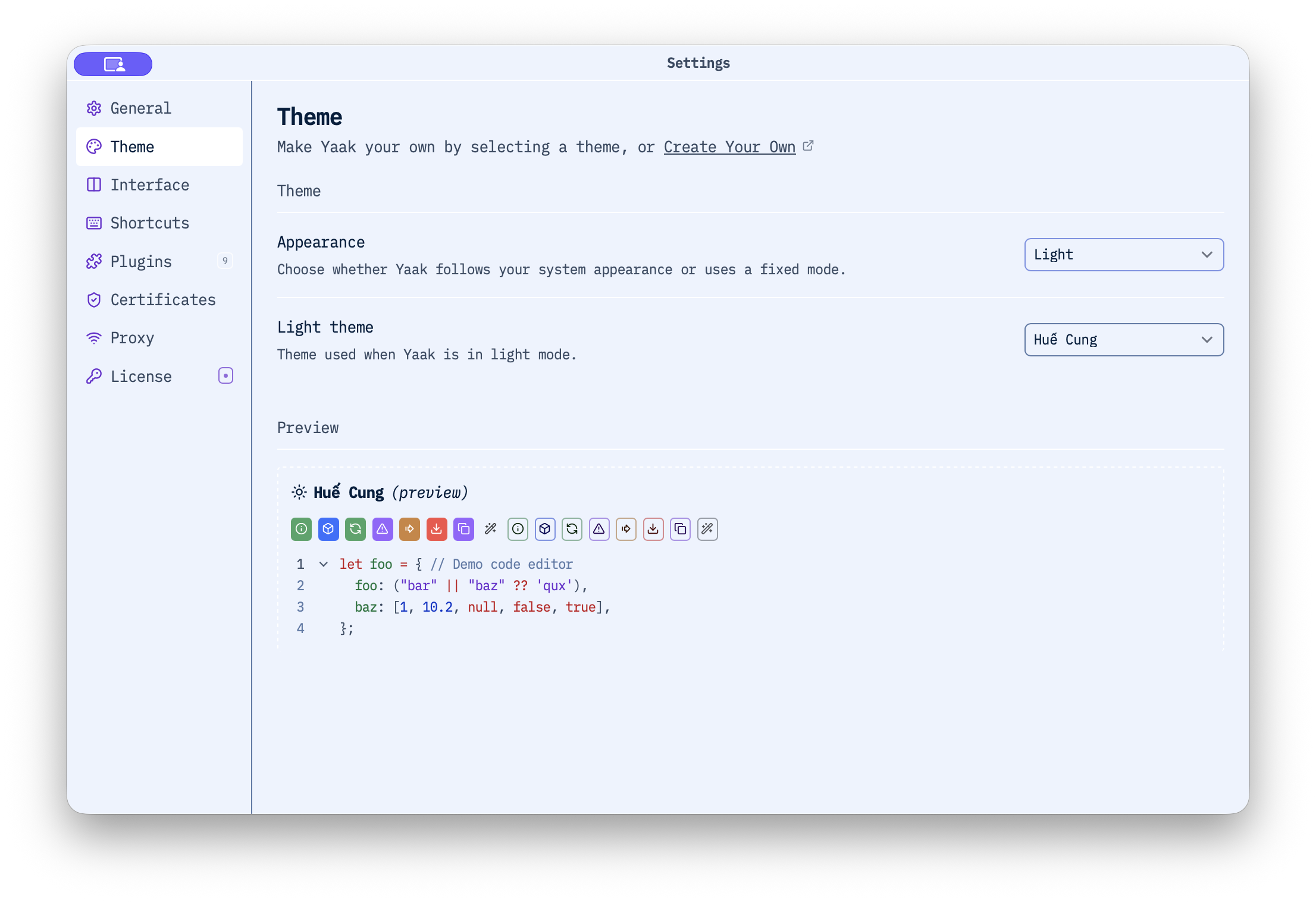Yaak theme settings rendered with the light Huế Cung theme selected