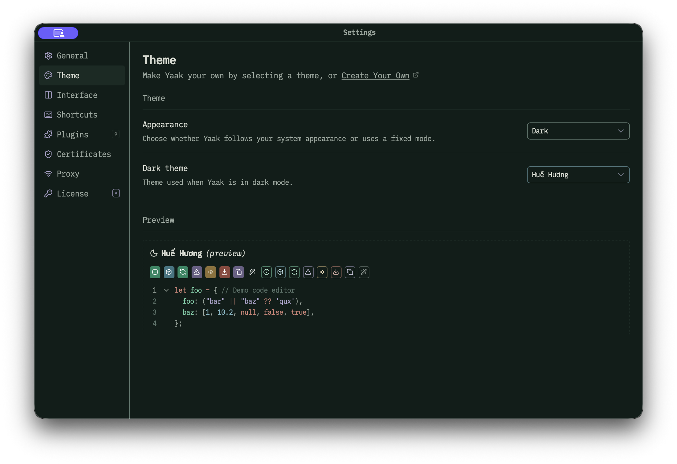 Yaak theme settings rendered with the dark Huế Hương theme selected