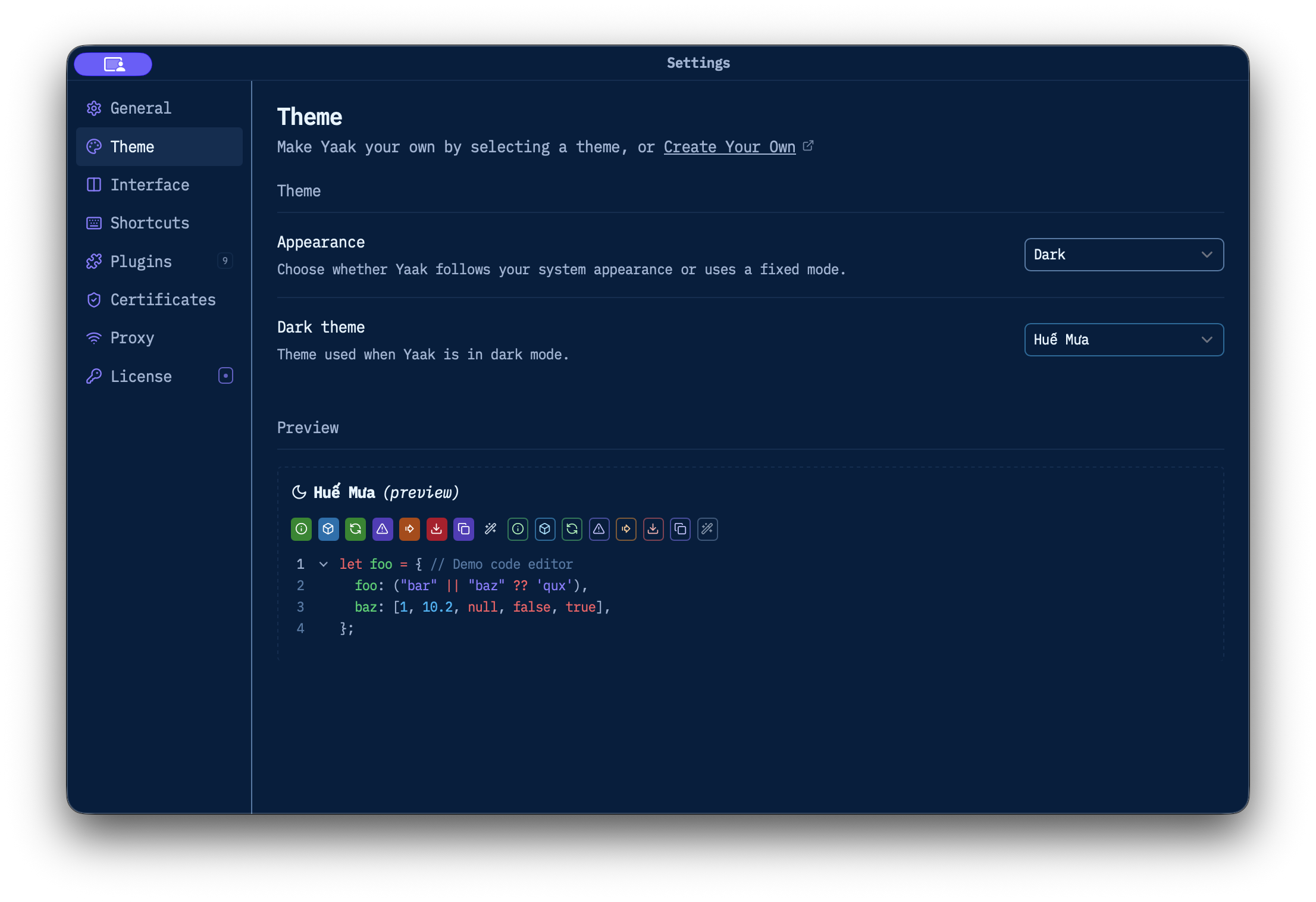 Yaak theme settings rendered with the dark Huế Mưa theme selected